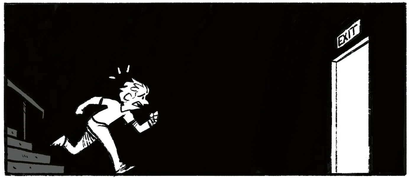 Case horizontale : un personnage court dans le noir vers une porte de sortie lumineuse