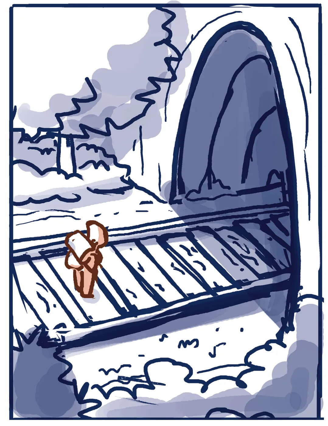 Rough : vue en plongée sur les rails, le personnage petit, le tunnel en haut