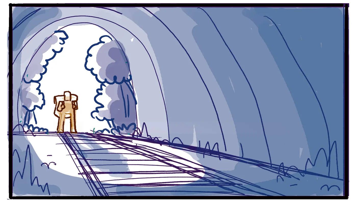 Rough : vue depuis l'intérieur sombre du tunnel, le personnage à contre-jour dans l'ouverture