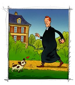 Premier dessin : un homme en noir regarde un chien dans un parc