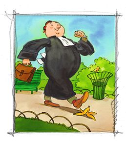 Second dessin : un avocat va glisser sur une peau de banane